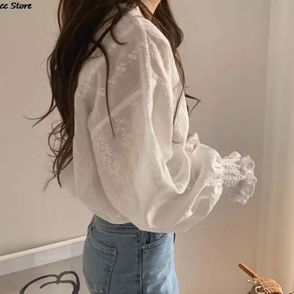 Embroidery floral blouse white lantern sleeve womens vintage style - Picture 5 of 8